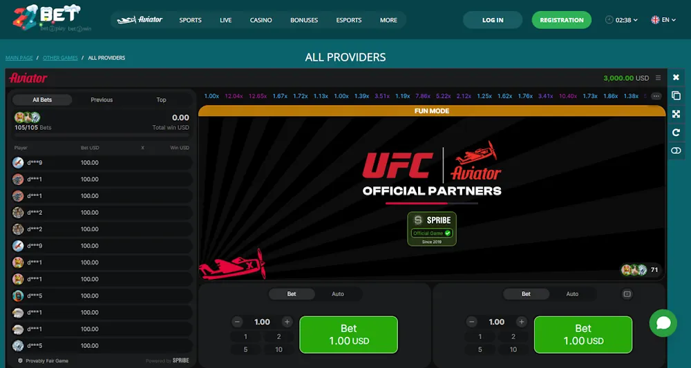 Spribe's Aviator in 22bet Screenshot